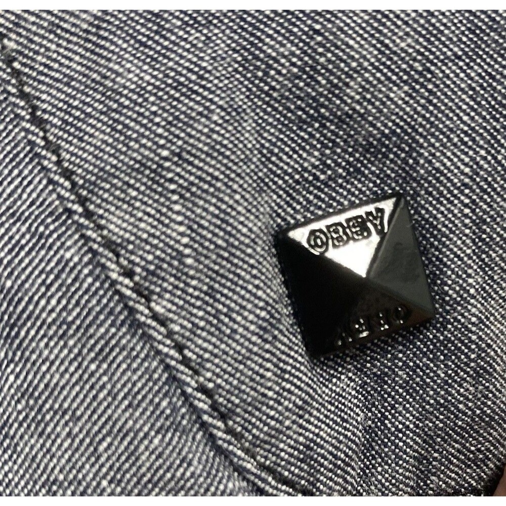 OBEY Propaganda Light Grey Denim Studded Mini Skirt Size 26 Logo Pockets - Picture 7 of 12